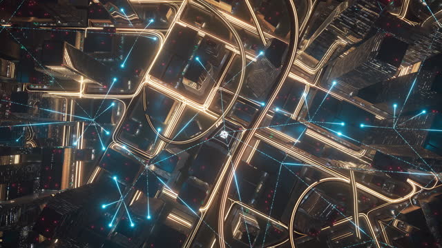 Emerging Connection Lines Over Skyscrapers - 5G, Data Transfer, Finance And Economy - Night Version
