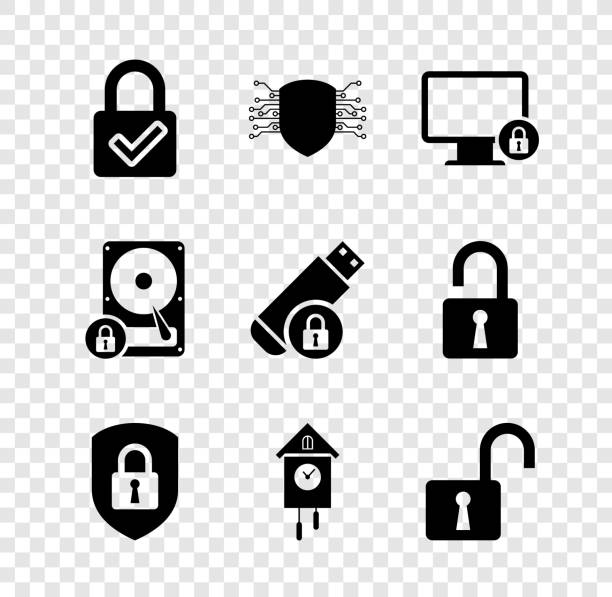 ilustrações de stock, clip art, desenhos animados e ícones de set lock and check mark, cyber security, on monitor, shield with lock, retro wall watch and open padlock icon. vector - open harddisk flash