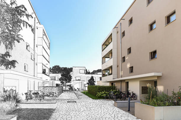 boceto de dibujo de una zona residencial con modernos edificios de apartamentos, nuevo paisaje urbano verde en la ciudad - pencil drawing fotos fotografías e imágenes de stock