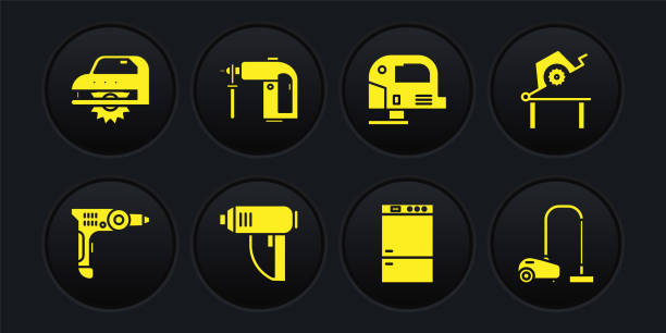 ilustrações, clipart, desenhos animados e ícones de conjunto máquina de perfuração elétrica, serra de mesa para marcenaria, secador industrial, geladeira, quebra-cabeça e ícone do martelo rotativo. vetor - circular saw