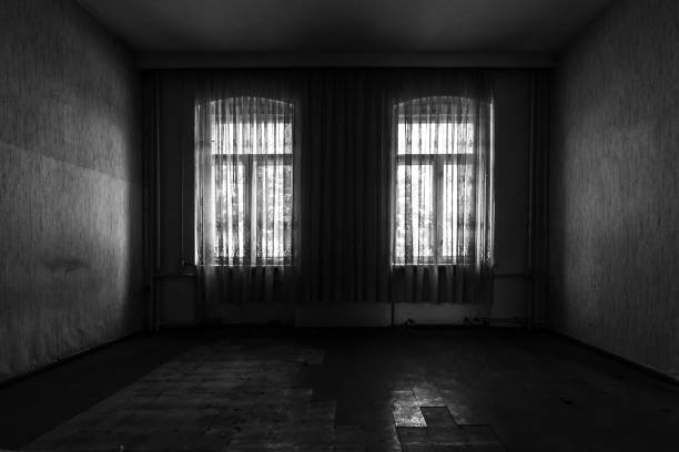 Two windows in an old abandoned room, luminous, tones in monochrome