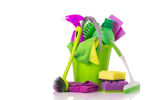 istock Vibrant color cleaning items for professional or household cleaning 1371805607