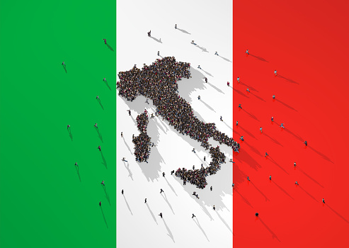 Human Crowd Forming An Italy Map on Italy Flag: Population And Social Media Concept