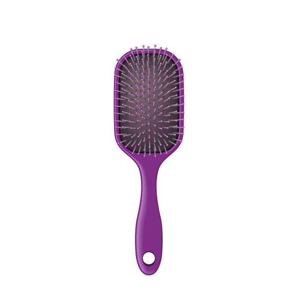 Purple hairbrush for everyday hair care and brushing. Hairdresser tool plastic comb icon vector art illustration