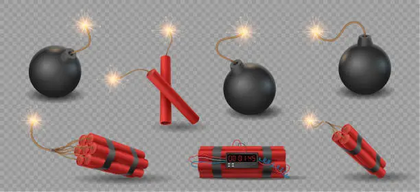 Vector illustration of Realistic 3d bomb, tnt and dynamite sticks with burning fuse. Explosive weapon or firecrackers