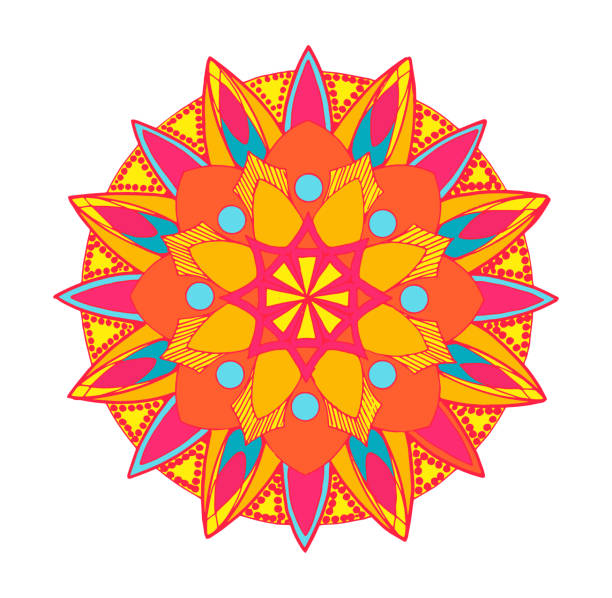istock a hand-drawn vector mandala of bright colors. Mandala round floral, stylized symmetrical pattern of petals of blue and red-yellow flowers on white. isolated boho element for your design template 1371810005