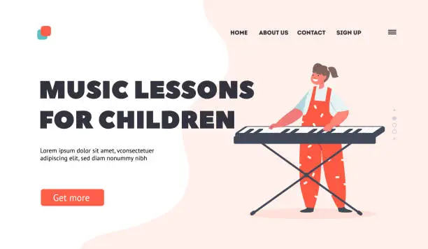 Vector illustration of Music Lessons for Children Landing Page Template. Little Girl Playing on Synthesizer, Artist Kid Perform Composition