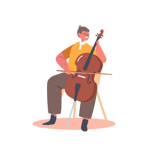 Vector illustration of Musician Boy Character Play Cello or Contrabass String Instrument Perform on Stage with Classical Music Concert