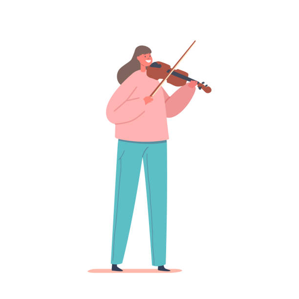 ilustraciones, imágenes clip art, dibujos animados e iconos de stock de chica tocando el violín prepárese para el examen en la escuela de música o el entrenamiento antes del concierto en el escenario. pequeño artista talentoso - musical theater child violin musical instrument