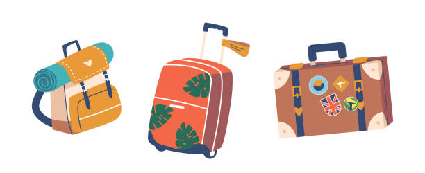 Traveler Items Icons Backpack with Mat, Suitcase and Luggage with Stickers Isolated on White Background. Luggage and Baggage for Summer Trip, Voyage, Traveling Objects. Cartoon Vector Illustration