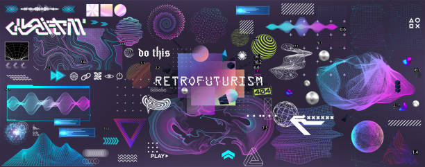 ilustrações de stock, clip art, desenhos animados e ícones de retrofuturistic 3d trendy collection - technology backgrounds abstract cube
