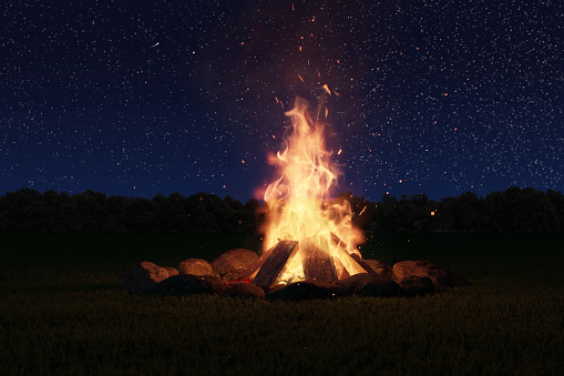 3d rendering of big bonfire with sparks and particles in front of forest and starry sky