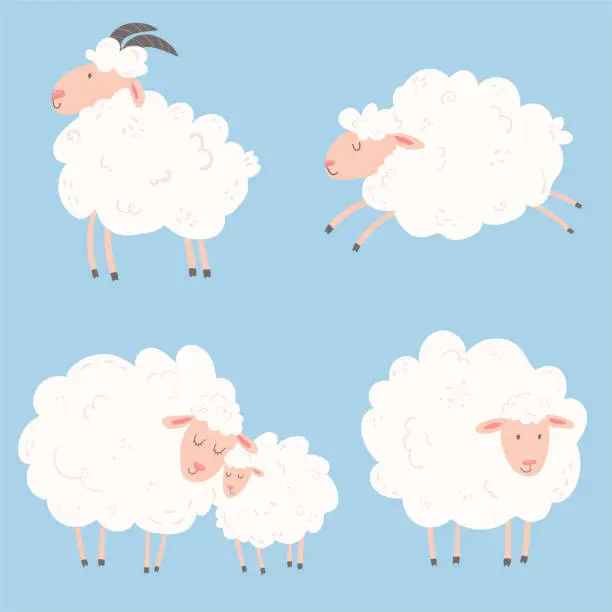 Vector illustration of Set of cartoon sheeps