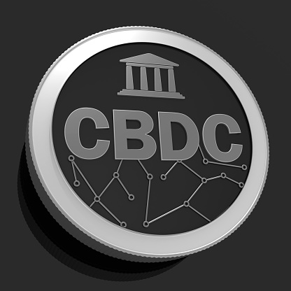 3d render. Coin CBDC  on black background . Silver coin with CBDC Symbol, network and bank building.