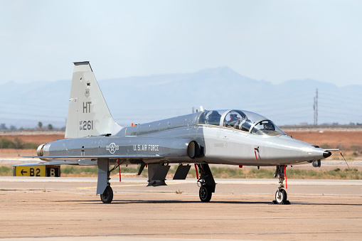 Phoenix, Arizona, USA - May 13, 2013: United States Air Force (USAF) Northrop T-38 Talon jet trainer aircraft from Holloman Air Force Base at Phoenix-Mesa Gateway airport in Arizona.