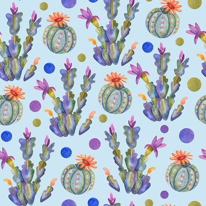 Watercolor cactus with flowers seamless pattern on white. Cacti and succulents colorful hand painted background on blue