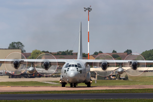 Gloucestershire, UK - July 9, 2014: Swedish Air Force Lockheed C-130H Hercules military transport aircraft taxiing at Fairford.