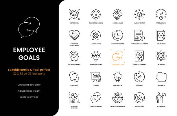 ilustraciones, imágenes clip art, dibujos animados e iconos de stock de iconos de línea de objetivos de los empleados - supervivencia