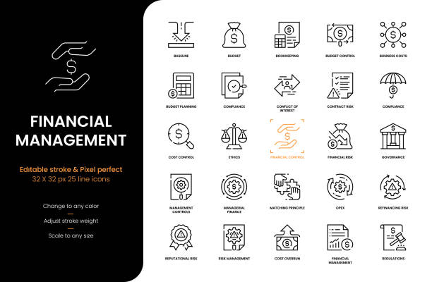 illustrazioni stock, clip art, cartoni animati e icone di tendenza di icone della linea di gestione finanziaria - baseline