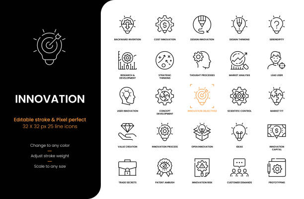 ilustraciones, imágenes clip art, dibujos animados e iconos de stock de iconos de línea de innovación - creativity surprise thinking inspiration