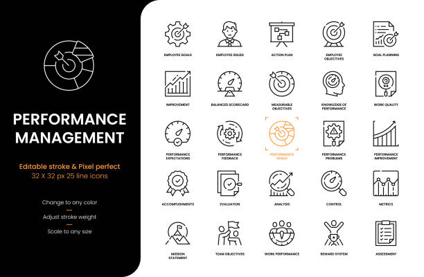performance management-liniensymbole - geschäftsstrategie stock-grafiken, -clipart, -cartoons und -symbole