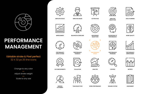Performance Management Line Icons Editable Stroke Vector Style Line Icons of Performance Management performance assessment stock illustrations