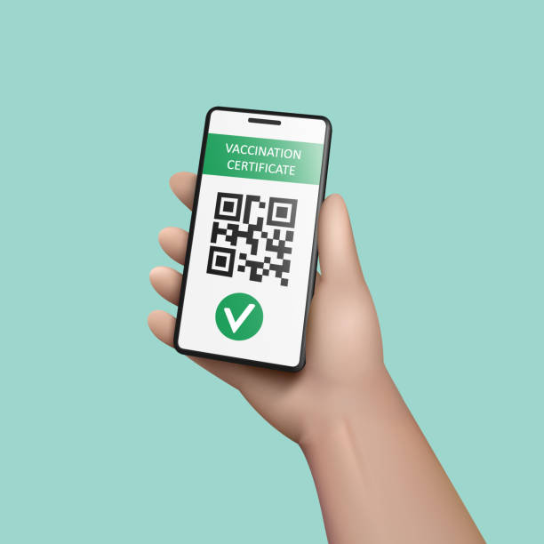 3d Hand with a smartphone with Certificate of vaccination on screen 3d Hand with a mobile phone. Certificate of vaccination with qr code on smartphone screen. Mobile app Green pass for control COVID-19. Vector illustration 3d barcode stock illustrations
