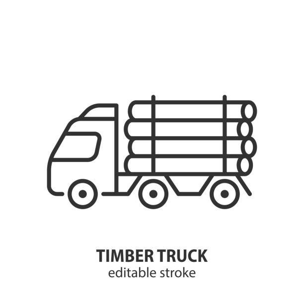 illustrazioni stock, clip art, cartoni animati e icone di tendenza di camion di legno con icona della linea vettoriale del legname. camion di registrazione con simbolo di tronchi. - lumber industry timber wood plank