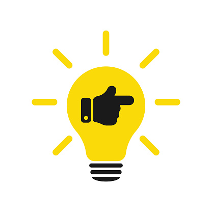 A hand with a finger indicates the direction. Idea lamp icon. Flat style - stock vector