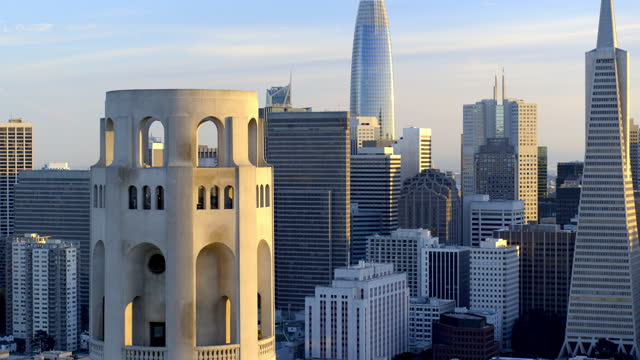 Dramatic Aerial drone Close Up fly by of Coit Tower