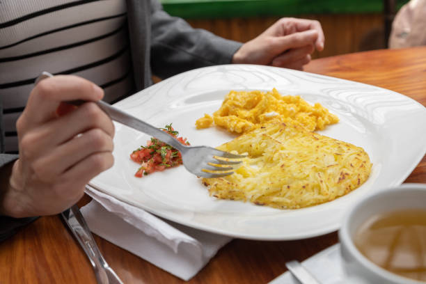 breakfast, scrambled eggs and cup with tea, details of hands holding a fork in the day in a restaurant, food and lifestyle
