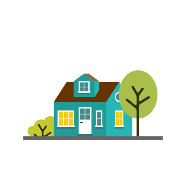 illustrations, cliparts, dessins animés et icônes de petite maison turquoise de dessin animé avec des arbres, illustration vectorielle isolée - village community town house