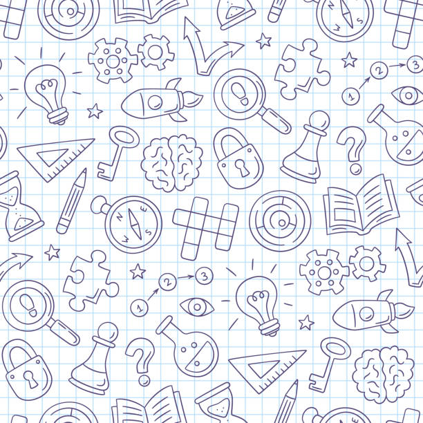 Puzzle and riddles. Hand drawn seamless pattern with crossword puzzle, maze, brain, chess piece, light bulb for design math quiz. Vector illustration in doodle style on square copybook background Puzzle and riddles. Hand drawn seamless pattern with crossword puzzle, maze, brain, chess piece, light bulb for design math quiz. Vector illustration in doodle style on square copybook background. crossword puzzle drawing stock illustrations