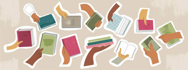 istock Book exchange concept or set of bookcrossing sticker hand isolated flat cartoon vector illustration. Clip art of student arms holding textbook. Swap literature event, library day, bookshop festival 1371842230