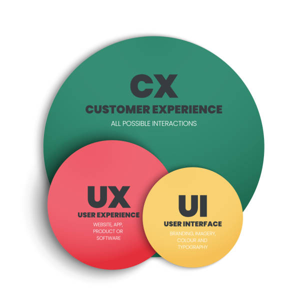 The differences or comparison between cx or customer experience and UX or user experience and UI or user interface vector template and presentation. The Venn diagram is an infographic for marketing. The differences or comparison between cx or customer experience and UX or user experience and UI or user interface vector template and presentation. The Venn diagram is an infographic for marketing. in the center stock illustrations