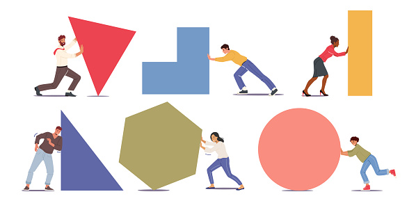 Character Pushing Big Shapes. Men and Women Push Different Pieces, Business Metaphor. Hard Difficult Work, Perseverance, Overcoming. People Move Heavy Geometric Figures. Cartoon Vector Illustration