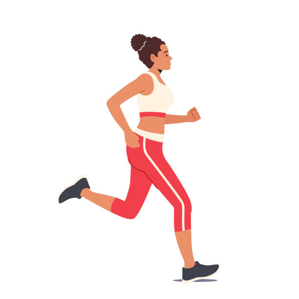 sportliche aktivität, jogging und gesunde lebensweise. happy female character run isolated auf weißem hintergrund - joggen stock-grafiken, -clipart, -cartoons und -symbole