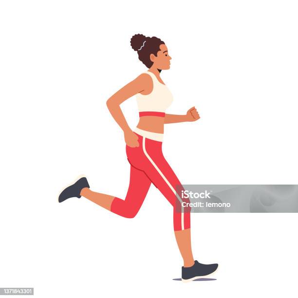 Sport Activity Jogging And Healthy Lifestyle Exercise Happy Female Character Run Isolated On White Background Stock Illustration - Download Image Now