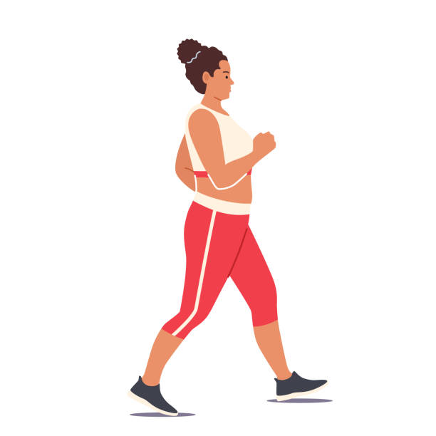 illustrazioni stock, clip art, cartoni animati e icone di tendenza di personaggio femminile grasso in sportswear perdita di peso, stile di vita sano. donna dimagrante, camminare o fare jogging, attività sportiva - weight scale dieting weight loss