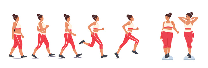 Weight Loss Concept. Fat Female Character Walking, Running and Become Slim. Transformation Stage by Stage of Obese Woman Turning into Healthy Body, Sport Training. Cartoon People Vector Illustration