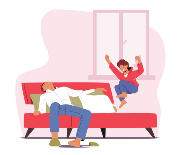 ilustrações, clipart, desenhos animados e ícones de pai cansado com criança hiperativa em casa, fadiga pai personagem dormir enquanto filho pulando na cama, pai cansado - sleeping child cartoon bed
