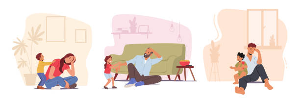 Set of Anxious Tired Dad and Mom with Little Children. Parents Depression, Tiredness, Anxiety. Depressed Characters Set of Anxious Tired Dad and Mom with Little Children. Parents Depression, Tiredness, Anxiety. Depressed Sleepy Characters at Home with Baby, Parenting Fatigue. Cartoon People Vector Illustration crying baby cartoon stock illustrations