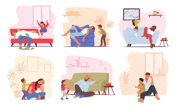 ilustrações de stock, clip art, desenhos animados e ícones de set of tired parents with hyperactive children at home, fatigue dad and mom characters sleep while kids playing - exhaustion