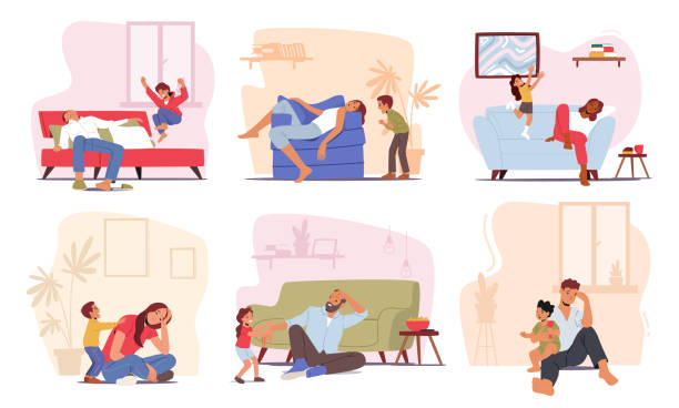 Set of Tired Parents with Hyperactive Children at Home, Fatigue Dad and Mom Characters Sleep while Kids Playing Set of Tired Parents with Hyperactive Children at Home, Fatigue Dad and Mom Characters Sleep while Kids Playing. Tiredness due to Baby Activity during Weekend. Cartoon People Vector Illustration fatigue stock illustrations