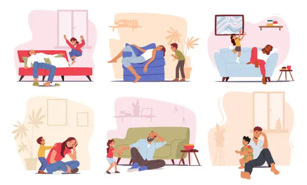 Vector illustration of Set of Tired Parents with Hyperactive Children at Home, Fatigue Dad and Mom Characters Sleep while Kids Playing