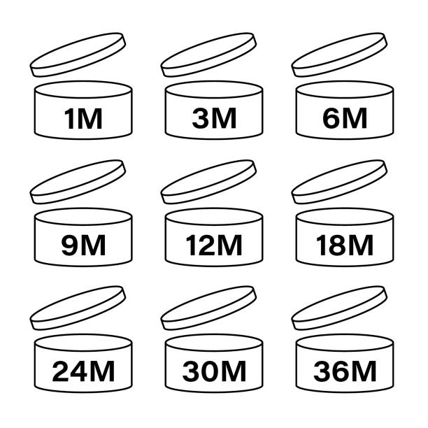 illustrations, cliparts, dessins animés et icônes de ensemble d’icônes cosmétiques pao, marques de période après ouverture. délai d’expiration après l’ouverture de l’emballage, marques blanches. 1, 3, 6, 9, 12, 18, 24, 30, 36 mois d’expiration sur fond blanc, illustration vectorielle - 12 18 months illustrations