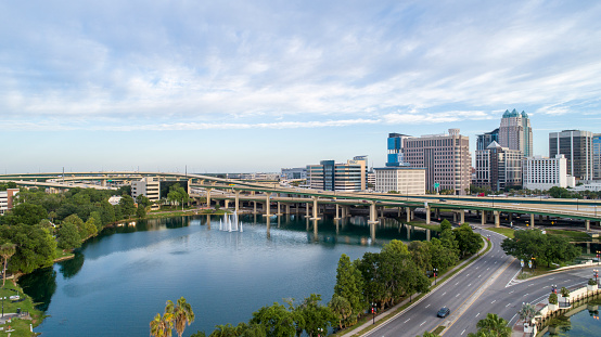 View of Downtown Orlando over the huge transport junction with highways, and multiple overpasses.
