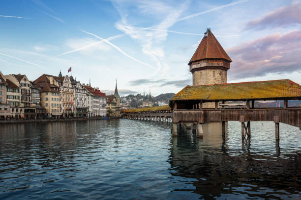 istock Chapel Bridge (Kapellbrucke) at sunset - Lucerne, Switzerland 1371849047
