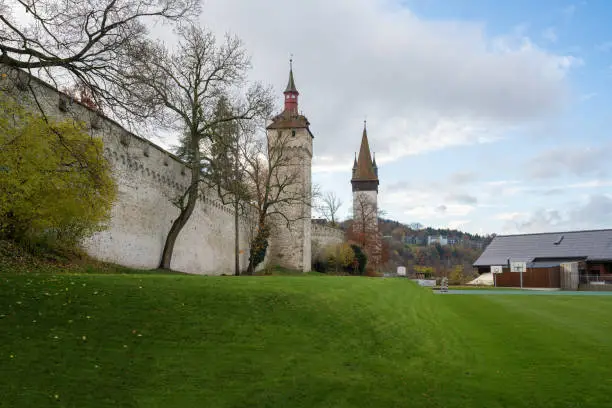 Luzern Musegg Wall (Museggmauer) with Watchtower or Heu Tower (Wachtturm) and Luegisland Tower (Luegislandturm) - Lucerne, Switzerland