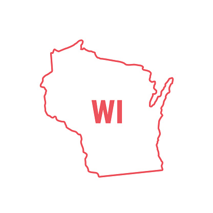 Wisconsin US state map red outline border. Vector illustration isolated on white. Two-letter state abbreviation. Editable stroke. Adjust line weight.